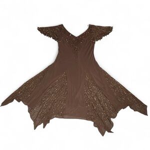 J Kara Dress Womens 10 Brown Chocolate Embellished Cocktail Beaded V Neck Gown